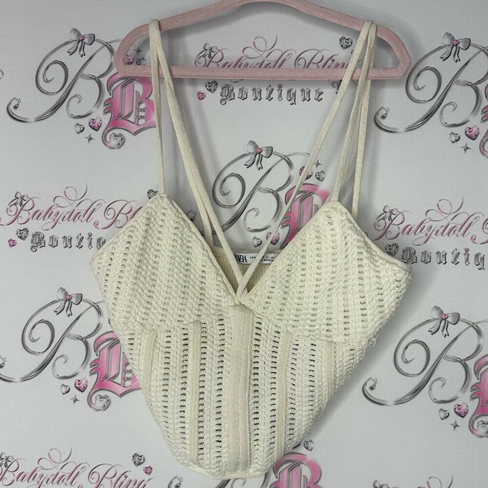 Zara White Knit Sleeveless Top crochet knit strappy boho crop style luxe cream